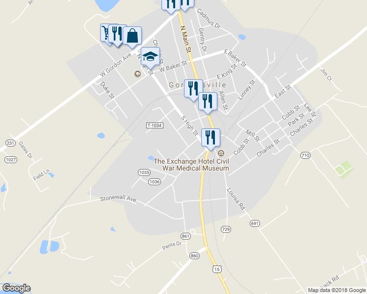 map of restaurants, bars, coffee shops, grocery stores, and more near 314 Grove Avenue in Gordonsville