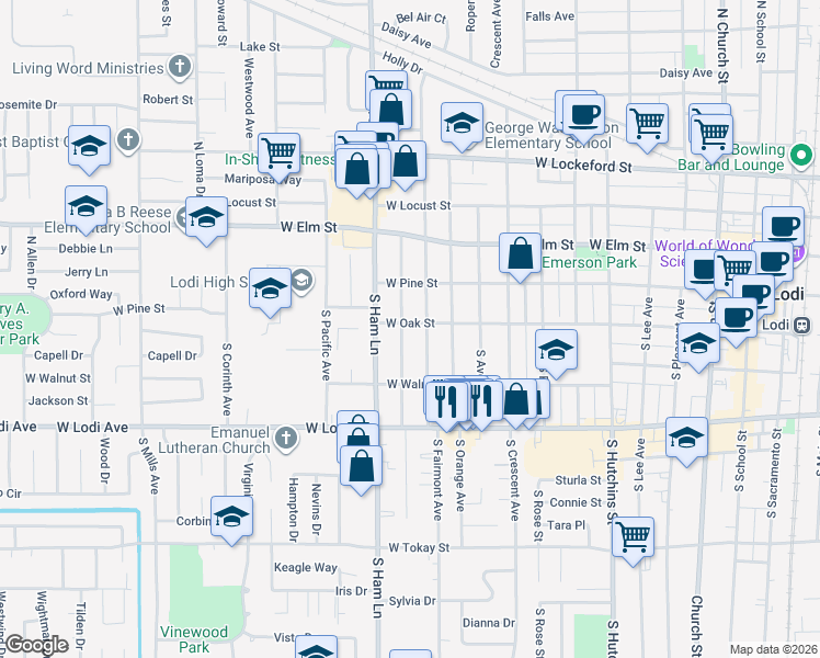 map of restaurants, bars, coffee shops, grocery stores, and more near 1120 West Oak Street in Lodi