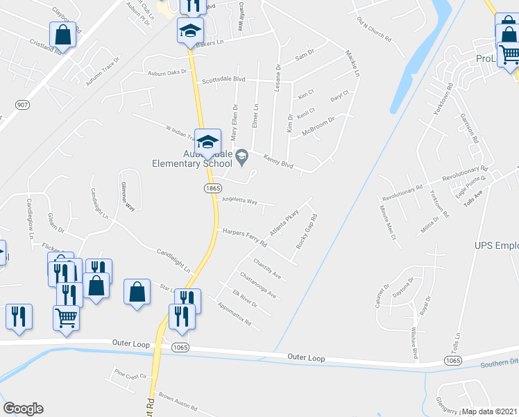 map of restaurants, bars, coffee shops, grocery stores, and more near 8100 Tonya Court in Louisville