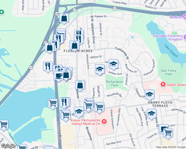 map of restaurants, bars, coffee shops, grocery stores, and more near 400 Almond Avenue in Vallejo
