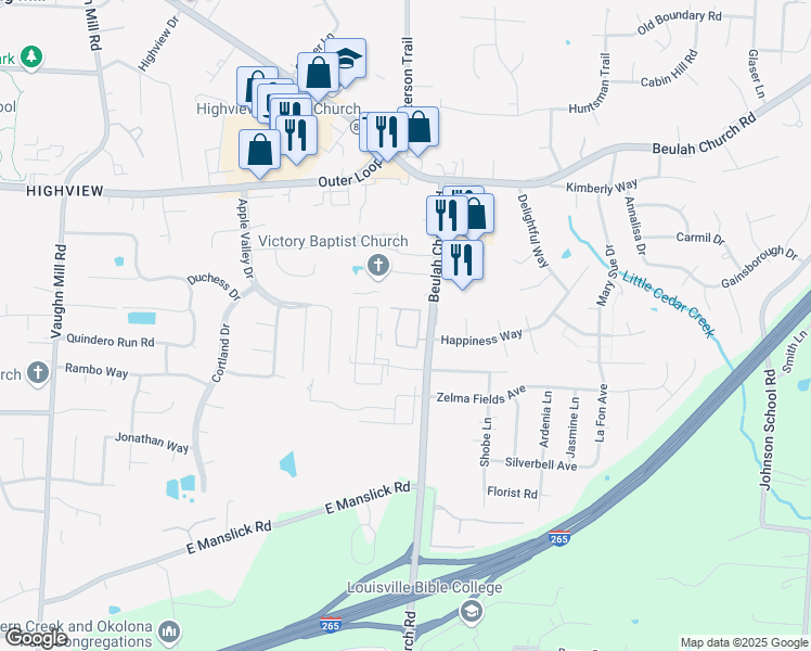 map of restaurants, bars, coffee shops, grocery stores, and more near 7725 Happiness Way in Louisville