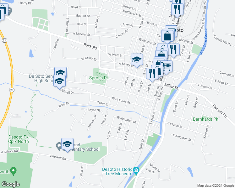 map of restaurants, bars, coffee shops, grocery stores, and more near 506 Saint Louis Street in De Soto