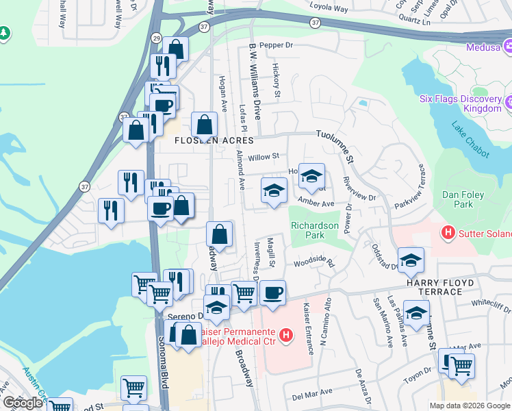 map of restaurants, bars, coffee shops, grocery stores, and more near 400 Almond Avenue in Vallejo