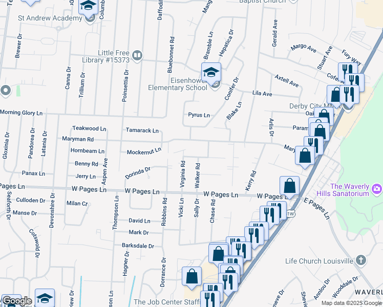 map of restaurants, bars, coffee shops, grocery stores, and more near 5355 Rodgers Road in Louisville
