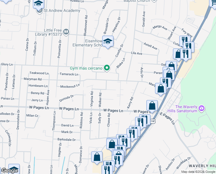 map of restaurants, bars, coffee shops, grocery stores, and more near 8157 Entrance Road in Louisville