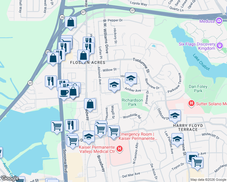 map of restaurants, bars, coffee shops, grocery stores, and more near 238 Hobbs Avenue in Vallejo