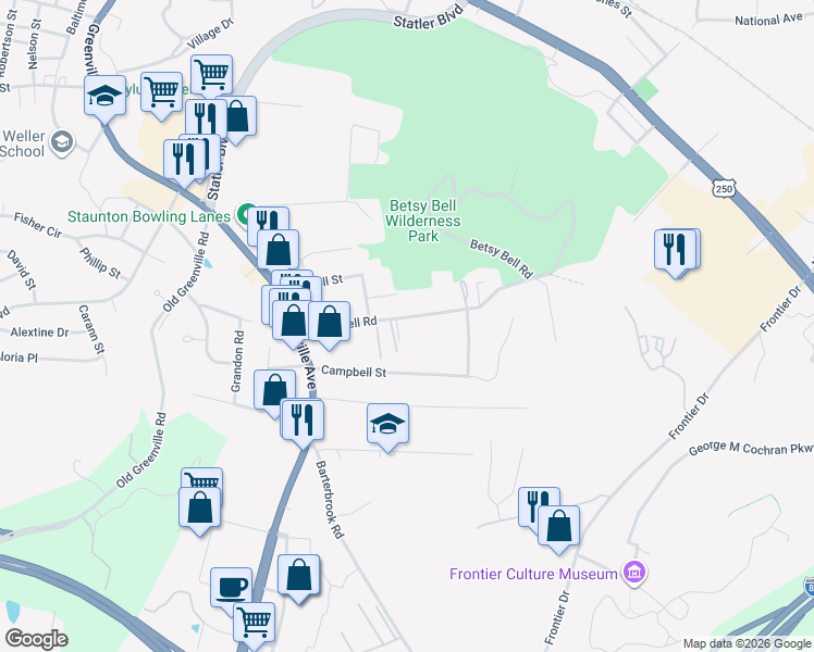 map of restaurants, bars, coffee shops, grocery stores, and more near 416 Betsy Bell Road in Staunton