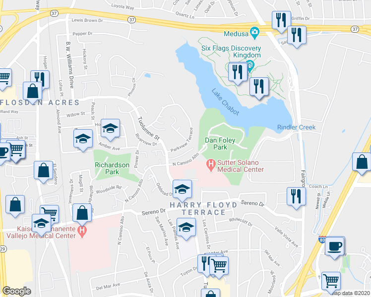 map of restaurants, bars, coffee shops, grocery stores, and more near 170 Parkview Terrace in Vallejo