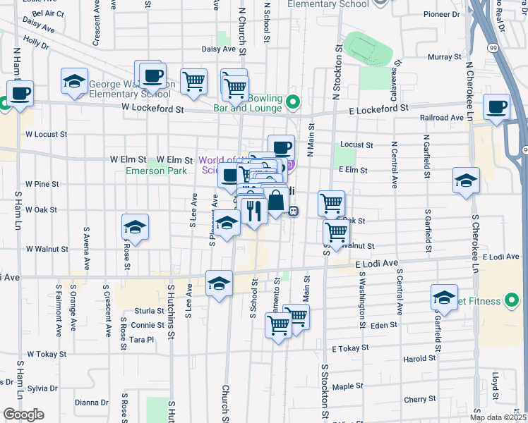 map of restaurants, bars, coffee shops, grocery stores, and more near 28 S School St in Lodi