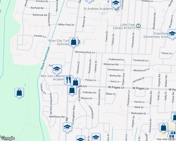 map of restaurants, bars, coffee shops, grocery stores, and more near 8302 Pandorea Drive in Louisville