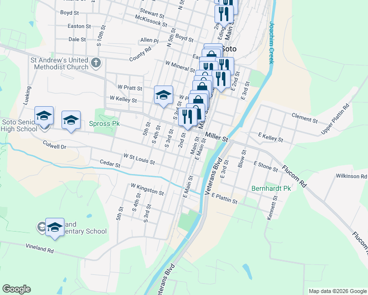 map of restaurants, bars, coffee shops, grocery stores, and more near 712 South Main Street in De Soto