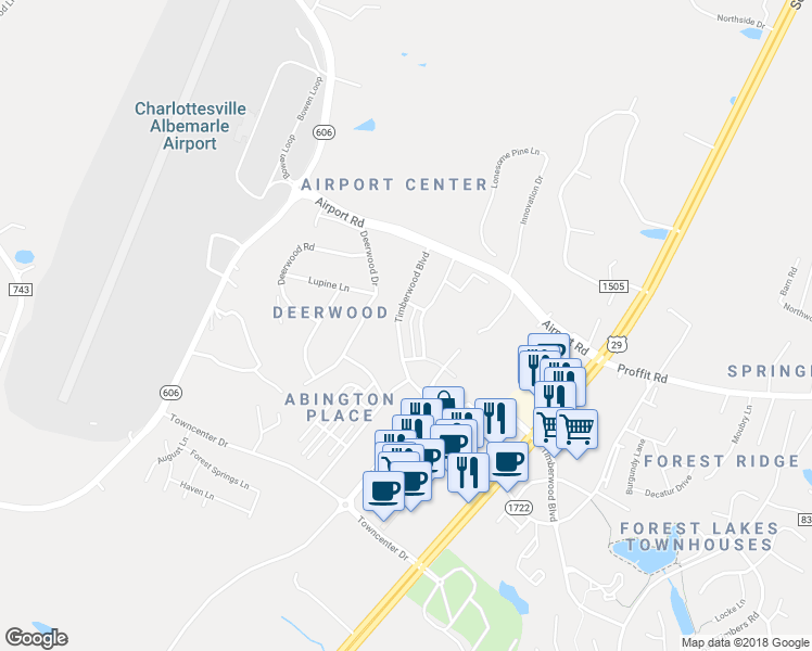 map of restaurants, bars, coffee shops, grocery stores, and more near 1368 Timberwood Boulevard in Charlottesville