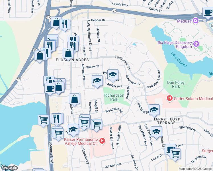 map of restaurants, bars, coffee shops, grocery stores, and more near 361 Amber Ave in Vallejo