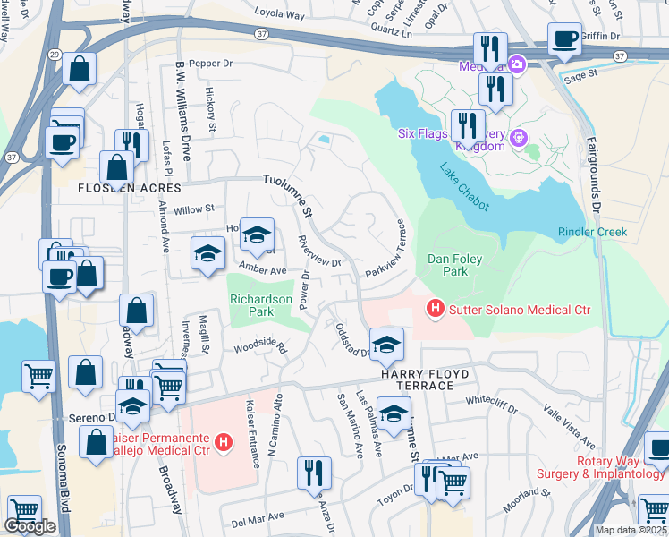 map of restaurants, bars, coffee shops, grocery stores, and more near 125 Riverview Drive in Vallejo