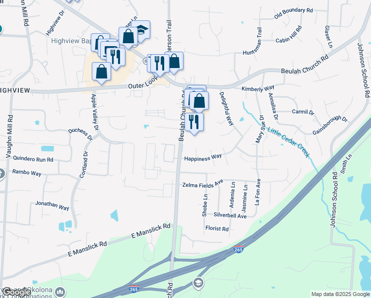 map of restaurants, bars, coffee shops, grocery stores, and more near 7604 Happiness Way in Louisville