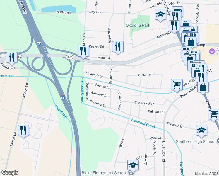 map of restaurants, bars, coffee shops, grocery stores, and more near Pineland Drive in Louisville