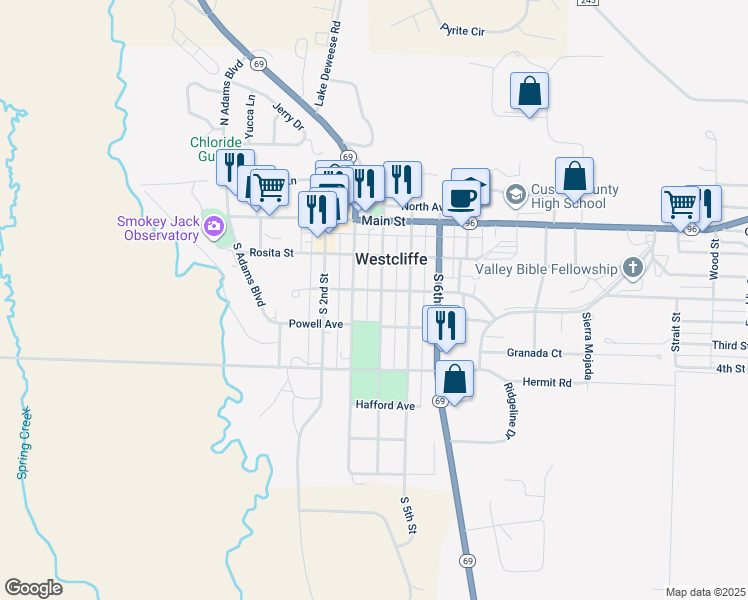 map of restaurants, bars, coffee shops, grocery stores, and more near 304 4th Street in Westcliffe