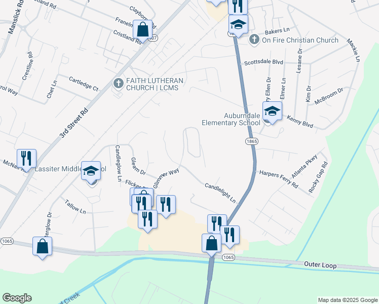 map of restaurants, bars, coffee shops, grocery stores, and more near 8005 Glimmer Way in Louisville
