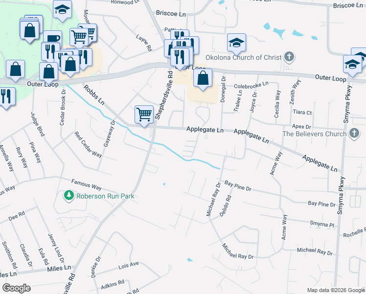map of restaurants, bars, coffee shops, grocery stores, and more near 6304 Red Apple Road in Louisville