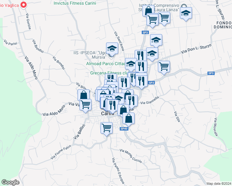 map of restaurants, bars, coffee shops, grocery stores, and more near Via Palermo in Carini