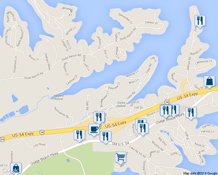 map of restaurants, bars, coffee shops, grocery stores, and more near Bayview Court in Osage Beach