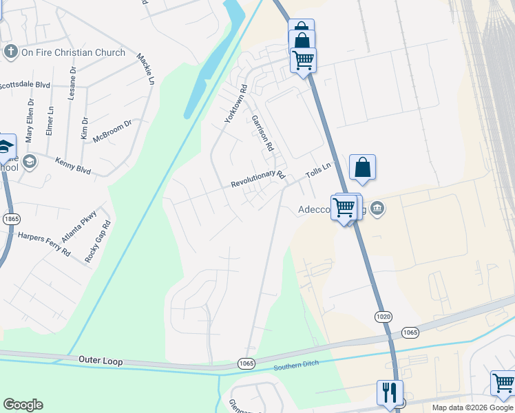 map of restaurants, bars, coffee shops, grocery stores, and more near 8010 Tolls Lane in Louisville