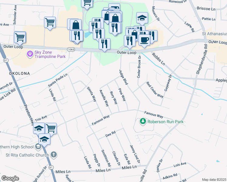 map of restaurants, bars, coffee shops, grocery stores, and more near 8008 Rory Way in Louisville