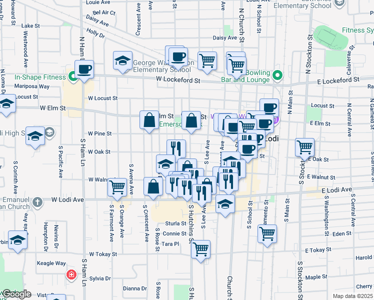 map of restaurants, bars, coffee shops, grocery stores, and more near 25 South Hutchins Street in Lodi