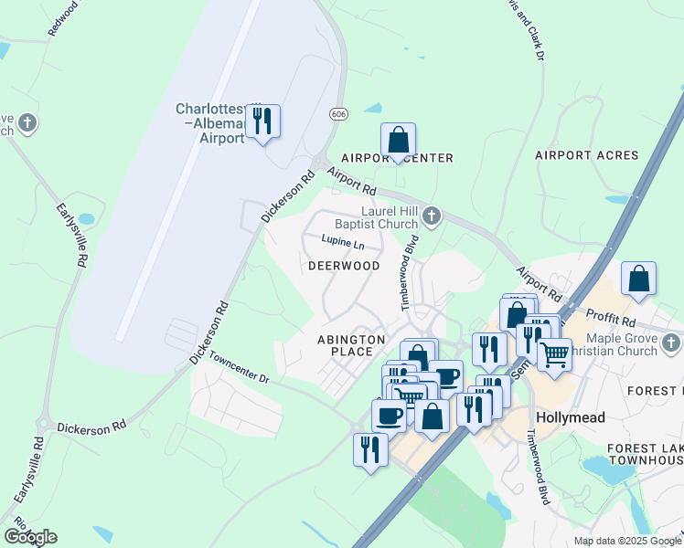 map of restaurants, bars, coffee shops, grocery stores, and more near 352 Bayberry Way in Charlottesville