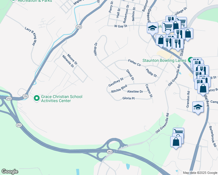 map of restaurants, bars, coffee shops, grocery stores, and more near 662 Gloria Pl in Staunton