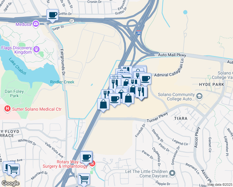 map of restaurants, bars, coffee shops, grocery stores, and more near 972 Admiral Callaghan Lane in Vallejo