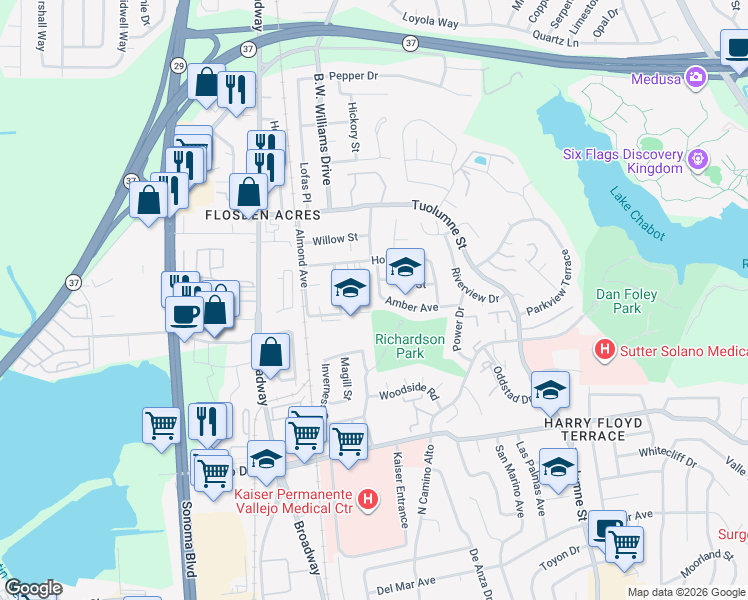 map of restaurants, bars, coffee shops, grocery stores, and more near 375 Amber Avenue in Vallejo