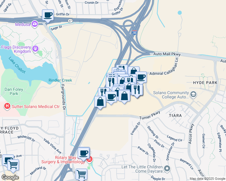 map of restaurants, bars, coffee shops, grocery stores, and more near 972 Admiral Callaghan Lane in Vallejo