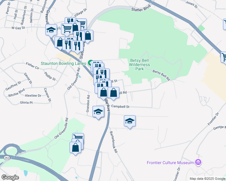 map of restaurants, bars, coffee shops, grocery stores, and more near 310A Betsy Bell Road in Staunton