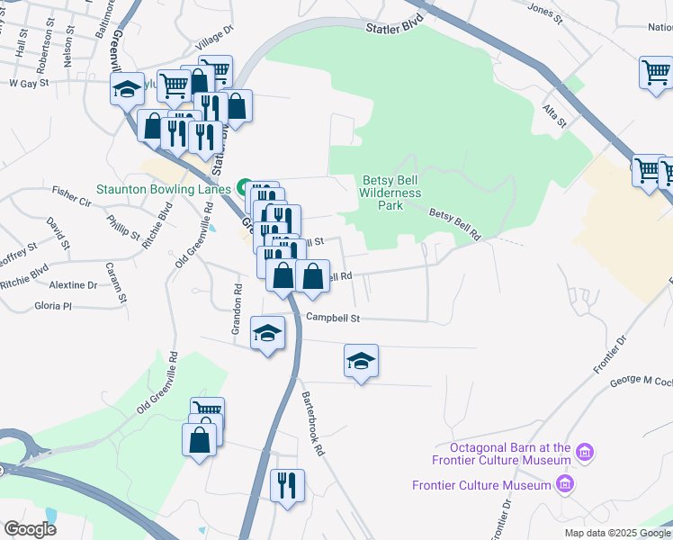 map of restaurants, bars, coffee shops, grocery stores, and more near 321 Betsy Bell Road in Staunton