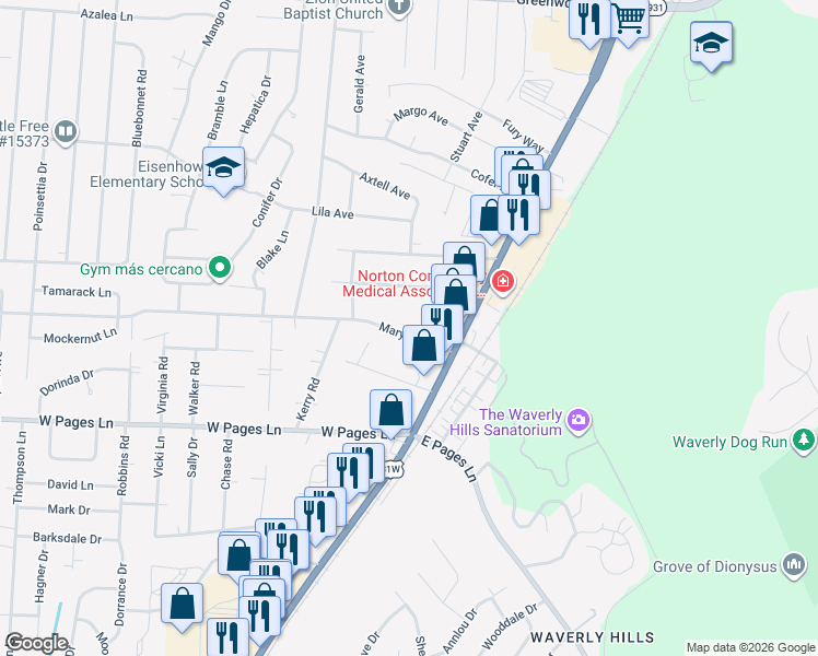 map of restaurants, bars, coffee shops, grocery stores, and more near 4848 Maryman Road in Louisville