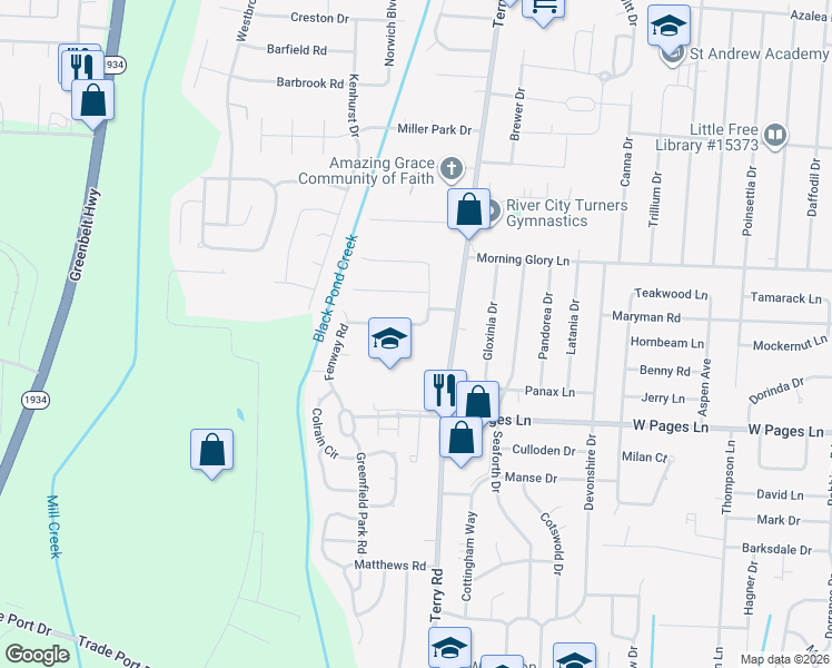 map of restaurants, bars, coffee shops, grocery stores, and more near 8306 Terry Road in Louisville