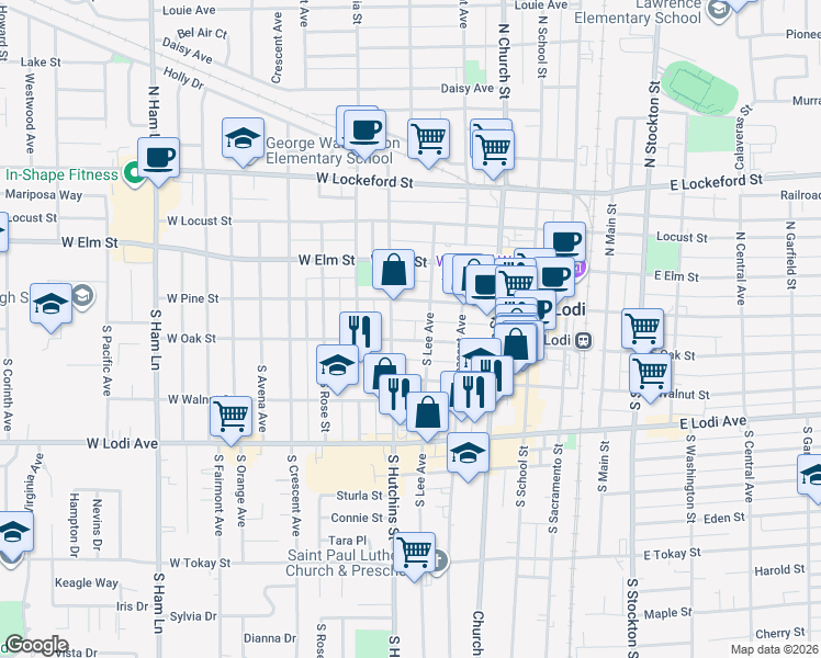 map of restaurants, bars, coffee shops, grocery stores, and more near 402 West Oak Street in Lodi