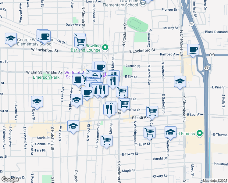 map of restaurants, bars, coffee shops, grocery stores, and more near 10 South Main Street in Lodi