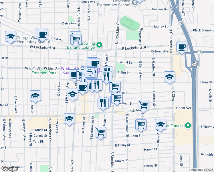 map of restaurants, bars, coffee shops, grocery stores, and more near 10 South Main Street in Lodi