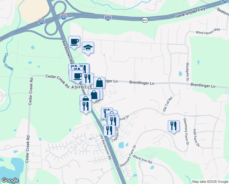 map of restaurants, bars, coffee shops, grocery stores, and more near 10000 Brentlinger Lane in Louisville