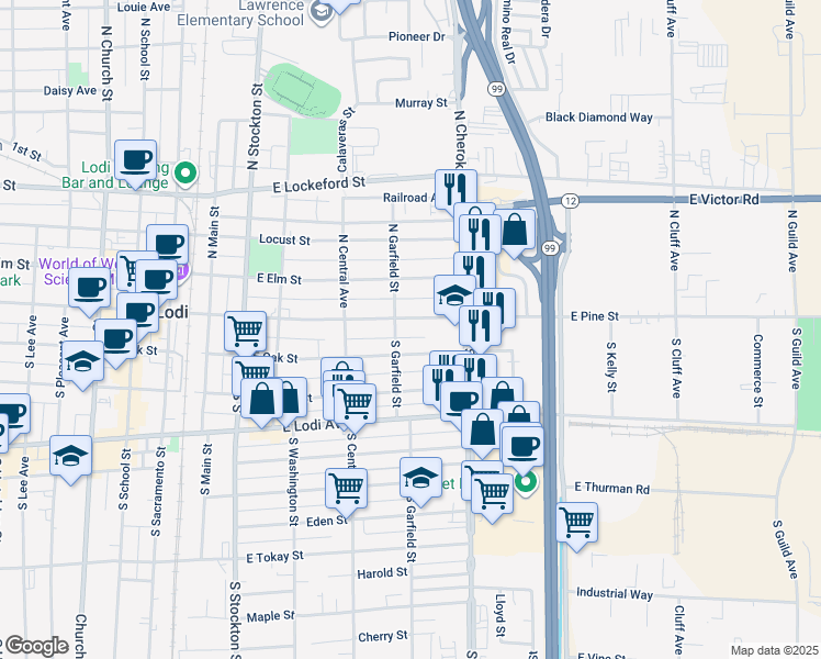 map of restaurants, bars, coffee shops, grocery stores, and more near 505 East Oak Street in Lodi