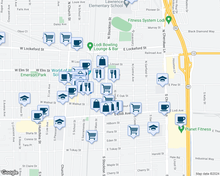 map of restaurants, bars, coffee shops, grocery stores, and more near 209 East Oak Street in Lodi