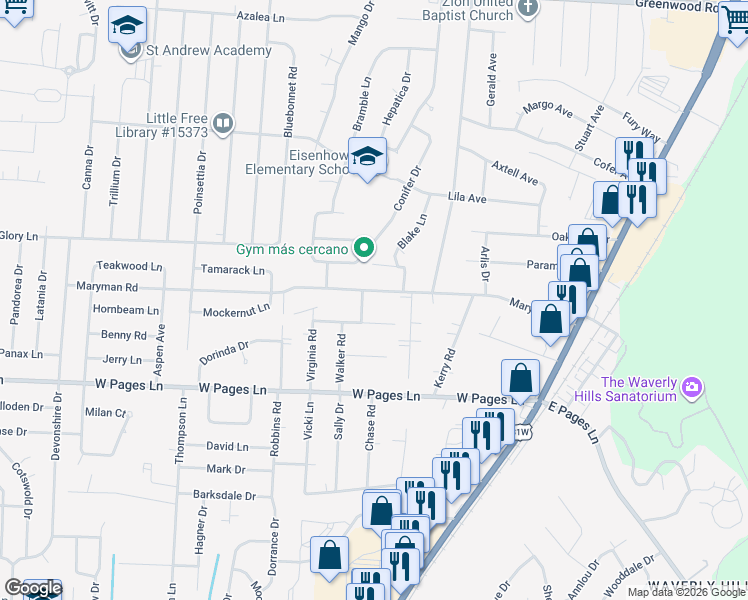 map of restaurants, bars, coffee shops, grocery stores, and more near 8157 Entrance Road in Louisville