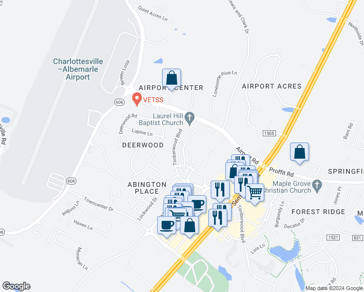 map of restaurants, bars, coffee shops, grocery stores, and more near 3565 Grand Forks Boulevard in Charlottesville