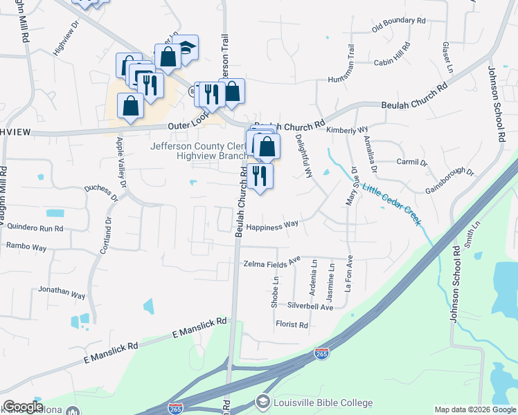 map of restaurants, bars, coffee shops, grocery stores, and more near 7906 Laura Jean Court in Louisville
