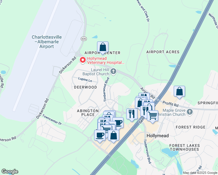 map of restaurants, bars, coffee shops, grocery stores, and more near 3565 Grand Forks Boulevard in Charlottesville