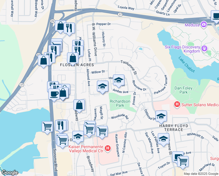 map of restaurants, bars, coffee shops, grocery stores, and more near 361 Amber Avenue in Vallejo