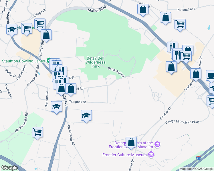 map of restaurants, bars, coffee shops, grocery stores, and more near 1014 Pocahontas Street in Staunton