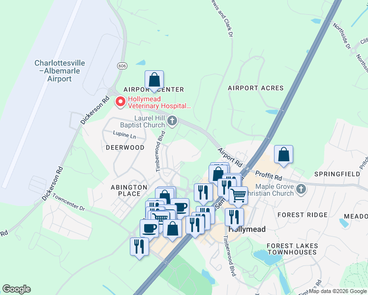 map of restaurants, bars, coffee shops, grocery stores, and more near 3590 Grand Forks Boulevard in Charlottesville